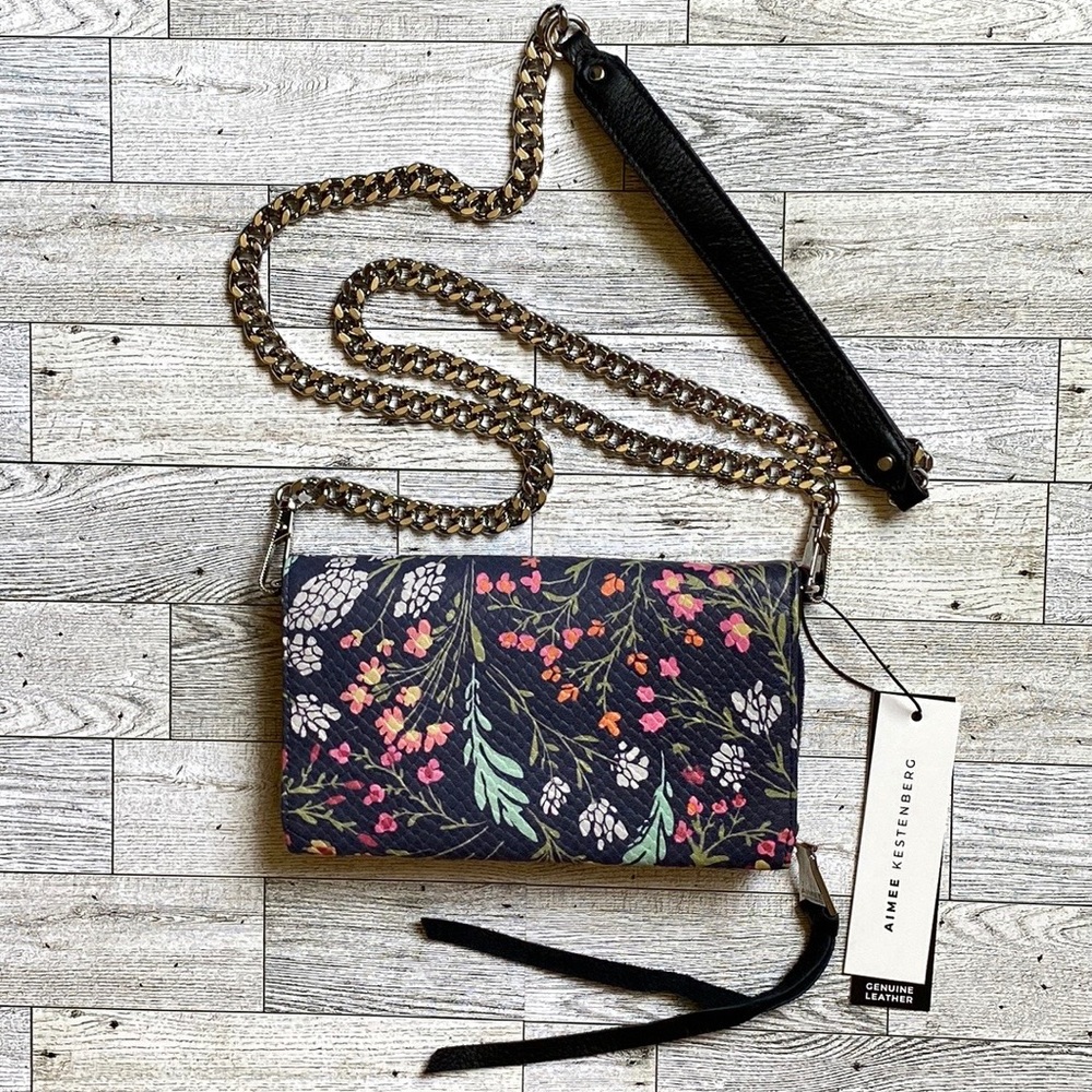 🌸🌿Aimee Kestenberg Delancey Floral Black Leather Wallet On a Chain - Picture 3 of 12